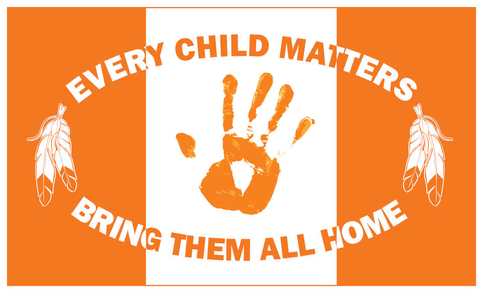 A picture of an orange flag mimicing the Canadian flag but showing a childs hand instead of the maple leaf, and with the words Every Child Matters written on top, and the words Bring Them All Home written on the bottom. Two eagle feathers are pointed upside down on each side of the flag.